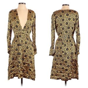 Nieves Lavi Yellow Silk Nouveau Pattern Long Sleeve Dress